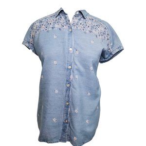 J. JILL Bandana Western Print Denim Shirt Top Short Cap Sleeve Medium